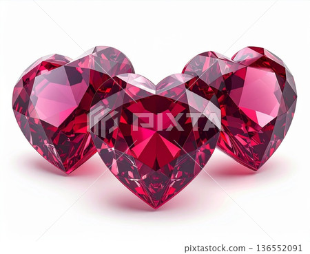 Three Red Gemstone Hearts Isolated on White Background Symbolic of Love 136552091