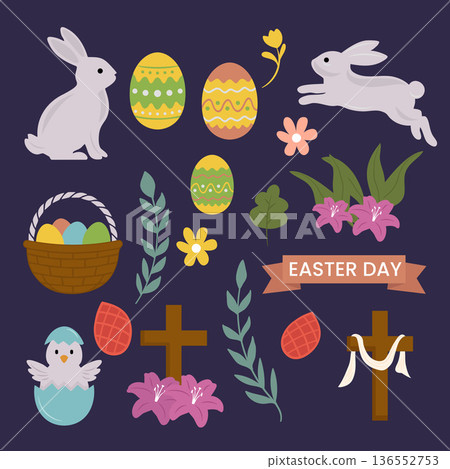 Collection of hand drawn Easter elements featuring cute rabbits, decorated eggs, a basket, christian crosses, and spring flowers isolated on a dark background. 136552753