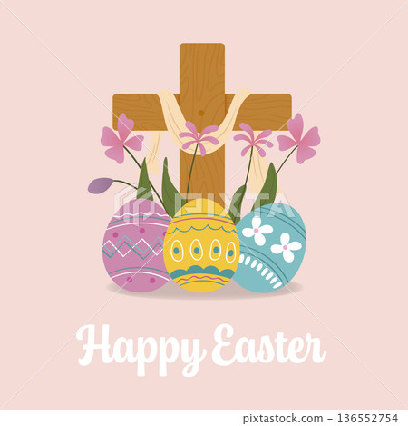 Happy Easter Day Christian Cross with Flowers and Eggs.Vector Illustration 136552754