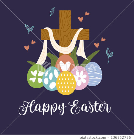Happy Easter Day Christian Cross and Decorated Eggs on a dark purple background .Vector Illustration Happy Easter Day Christian Cross and Decorated Eggs on a dark purple background .Vector Illustration 136552756