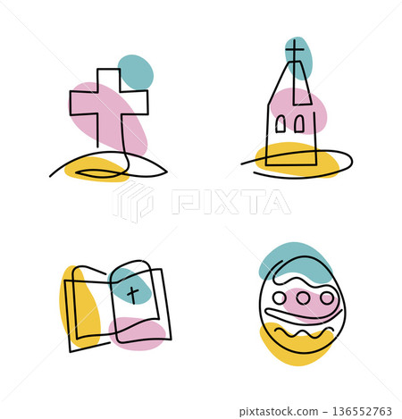 Christianity posters.Religious symbols cross, church and bible continuous line art 136552763