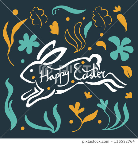 Happy Easter Day Running Rabbit Doodle Greeting.Vector Illustration 136552764