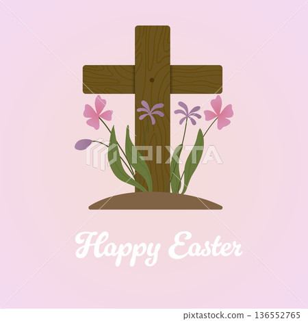 Happy Easter Day Christian Cross and Spring Flowers Greeting.Vector Illustration Happy Easter Day Christian Cross and Spring Flowers Greeting.Vector Illustration 136552765