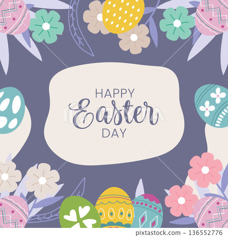 Happy Easter Day Pastel Flowers and Eggs Greeting isolated on purple background.Vector Illustration Happy Easter Day Pastel Flowers and Eggs Greeting isolated on purple background.Vector Illustration 136552776