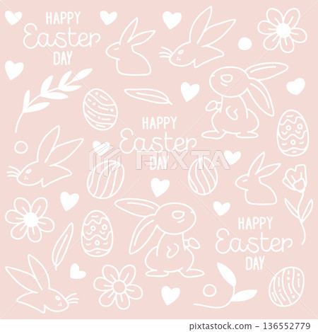 Seamless pattern drawing featuring white line art bunny, decorated eggs, hearts, and flowers on a soft beige background. 136552779
