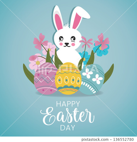 Happy Easter Day Cute Bunny with Decorated Eggs.Vector Illustration 136552780