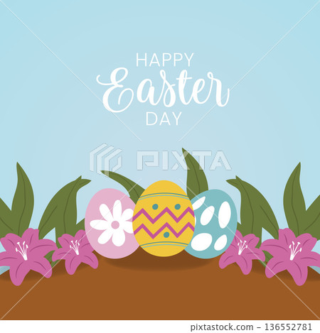 Happy Easter Day Eggs and Flowers Garden.Vector Illustration Happy Easter Day Eggs and Flowers Garden.Vector Illustration 136552781