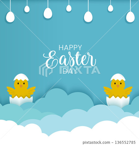 Happy Easter Day Cute Chicks Hatching Greeting.Vector Illustration 136552785