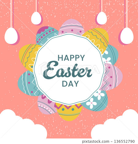 Happy Easter Day Circular Eggs and Clouds.Vector Illustration 136552790