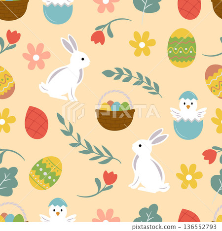 Happy Easter Day Bunny and Chicks Seamless Pattern.Vector Illustration Happy Easter Day Bunny and Chicks Seamless Pattern.Vector Illustration 136552793