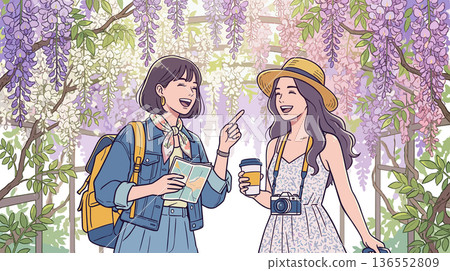 兩位女士在紫藤花架下欣賞風景的插圖 | 春日漫步場景 136552809