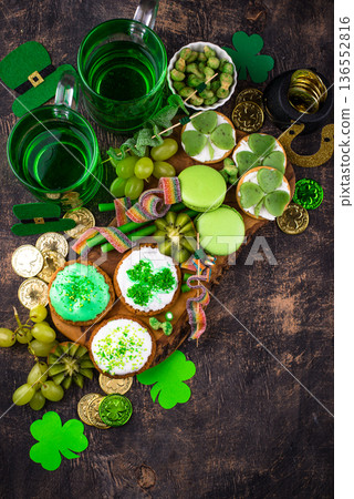 St. Patricks Day party food, green beer and shamrock St. Patricks Day party food, green beer and shamrock 136552816