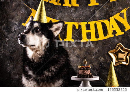 Dog birthday party. Malamut with cake Dog birthday party. Malamut with cake 136552823