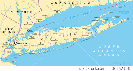 Long Island, New York state, political map. Densely populated continental island, that constitute a large part of New York City with Brooklyn and Queens, and extending into the Atlantic Ocean. Vector 136552908