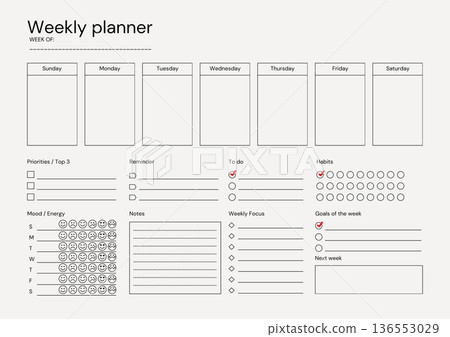 Black and White Minimalist Simple Weekly Planner A4 Document Landscape Black and White Minimalist Simple Weekly Planner A4 Document Landscape 136553029