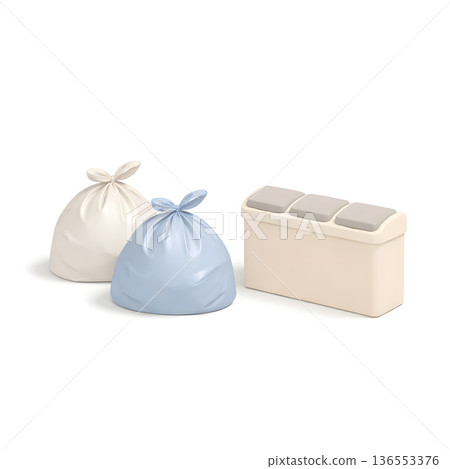 整理收納套裝，垃圾袋和分類盒，3D插圖，正方形，鳥瞰圖，白色背景，邊距 136553376