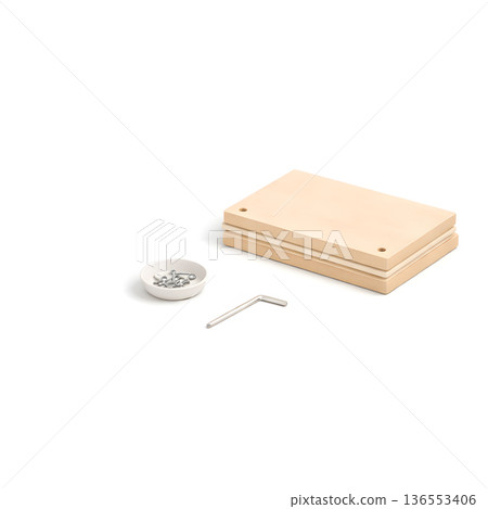 家具組裝套裝，六角扳手，螺絲和板材部件，3D 插圖，正方形，俯視圖，白色背景，留白 136553406