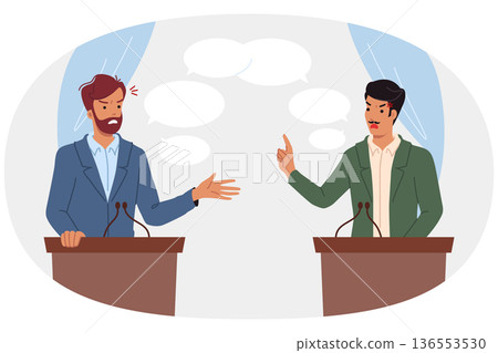 Political debate between two male candidates for senator or president standing behind podium Political debate between two male candidates for senator or president standing behind podium 136553530