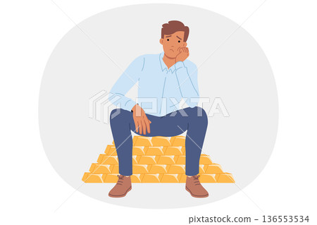 Rich man sits on gold bars and is sad due to lack of knowledge where to invest money Rich man sits on gold bars and is sad due to lack of knowledge where to invest money 136553534