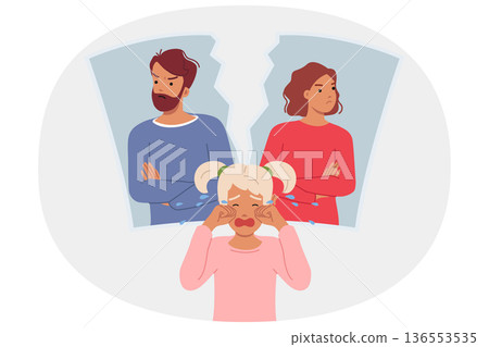 Family dispute destroys psyche of child crying standing near torn portrait of parents Family dispute destroys psyche of child crying standing near torn portrait of parents 136553535