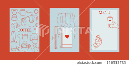 Hand-drawn coffee shop or cafe poster, cards and menu templates and covers set, cafe branding collection, coffee, cups, pastry Hand-drawn coffee shop or cafe poster, cards and menu templates and covers set, cafe branding collection, coffee, cups, pastry 136553783