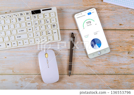 Device displays credit summary with keyboard, mouse on wooden table in home office setting 136553796