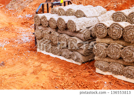 Fresh rolls of sod are stacked near construction site for landscaping work 136553813
