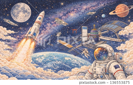 太空人和火箭共同描繪了太空的未來願景。 136553875