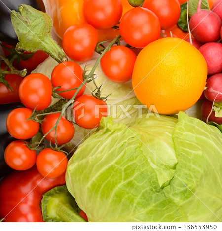 op view of a colorful variety of fresh organic vegetables and fruit 136553950