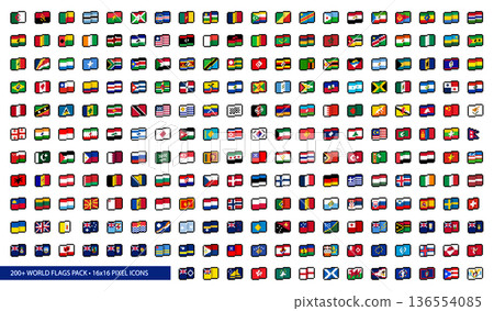 World Flags Pixel Art Icon Set. 200+ Vector Icons 16x16 Collection for Games and UI. Stylized, simplified, abstract pixel representations of flag designs in common use at the time of creation (2026) World Flags Pixel Art Icon Set. 200+ Vector Icons 16x16 Collection for Games and UI. Stylized, simplified, abstract pixel representations of flag designs in common use at the time of creation (2026) 136554085