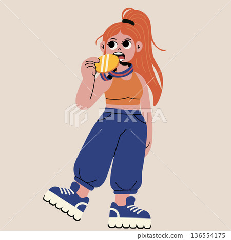 Young woman athlete playfully biting her gold medal in victory, a classic winner's pose. Vector illustration for sports competitions and achievements Young woman athlete playfully biting her gold medal in victory, a classic winner's pose. Vector illustration for sports competitions and achievements 136554175