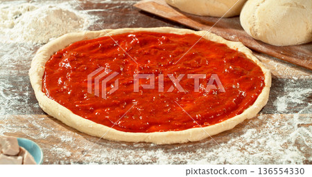Prepared pizza dough with tomato sauce and mozzarella. Italian pizza preparation on rustic wooden table. 136554330