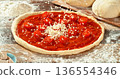 Closeup of grated mozzarella falling onto fresh pizza with tomato sauce and sliced tomatoes. Detailed texture, flying cheese particles and dynamic motion. Concept of pizza preparation and cooking. 136554346