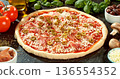 Prepared pizza dough with tomato sauce and mozzarella. Italian pizza preparation on rustic wooden table. 136554352