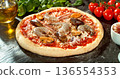 Prepared pizza dough with tomato sauce and mozzarella. Italian pizza preparation on rustic wooden table. 136554353