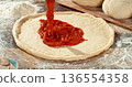 Closeup of spreading tomato sauce on fresh pizza dough. Highlighting texture, freshness and authentic Italian pizza preparation. 136554358