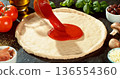 Closeup of spreading tomato sauce on fresh pizza dough. Spoon moves gently across the surface, highlighting texture, freshness and authentic Italian pizza preparation. 136554360