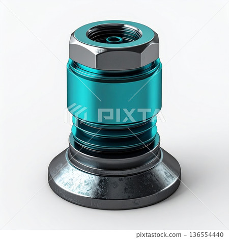 Chrome and Teal Metal Mechanical Fastener Part on White Background 136554440