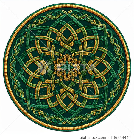 Intricate Celtic Knot Illustration in Green and Gold Ornamental Circle 136554441
