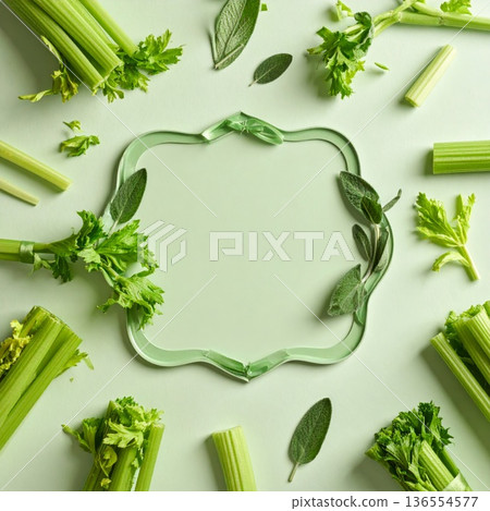 Top View Green Celery and Sage Decoration with Frame on Green Background 136554577