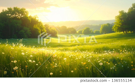 Lush Green Meadow with Wildflowers and Trees... - Stock Illustration ...