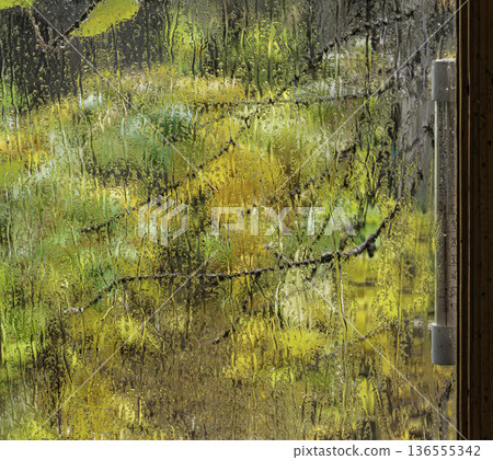 A view through a fogged window with a thermometer 136555342