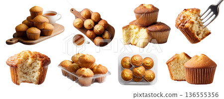 Set of plain muffin, classic basic quick bread, cake in a cup-shaped container, fork, Wooden serving board with tea, plastic container, stack pile broken bitten, transparent cutout PNG. Many mockup 136555356