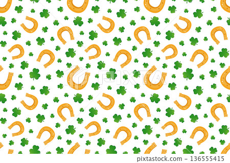 Seamless pattern with golden horseshoe and green clover. St Patricks Day festive background. Luck and Irish culture for holiday celebration. Patrick Day designs, wrapping paper, textiles 136555415