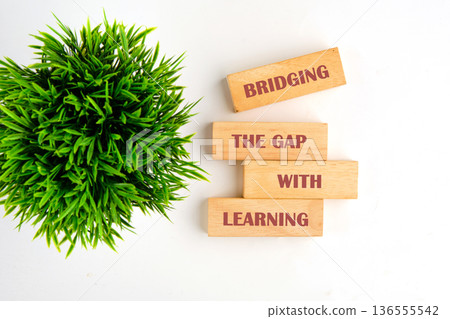Wooden blocks are arranged to spell Bridging The Gap With Learning 136555542