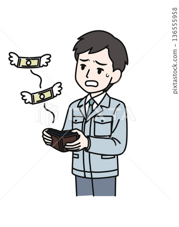 Illustration material of a man in a technical job in work clothes who is disappointed to see money flying out of his wallet 136555958