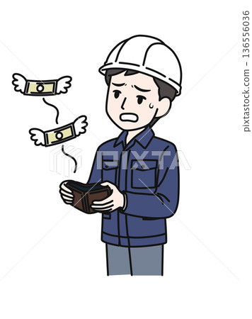 Illustration of a man in work clothes wearing a helmet who is disappointed to see money flying out of his wallet Illustration of a man in work clothes wearing a helmet who is disappointed to see money flying out of his wallet 136556036