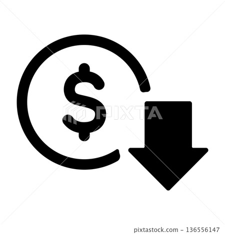Dollar sign and down arrow: Icon representing cost reduction Dollar sign and down arrow: Icon representing cost reduction 136556147