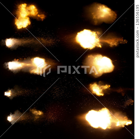 Collection of a shots from a firearm isolated on a black background Collection of a shots from a firearm isolated on a black background 136556195
