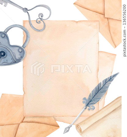 Watercolor antique love letter arrangement with parchment papers, envelopes, metal lock and old key. Romantic Valentine frame. 136556200